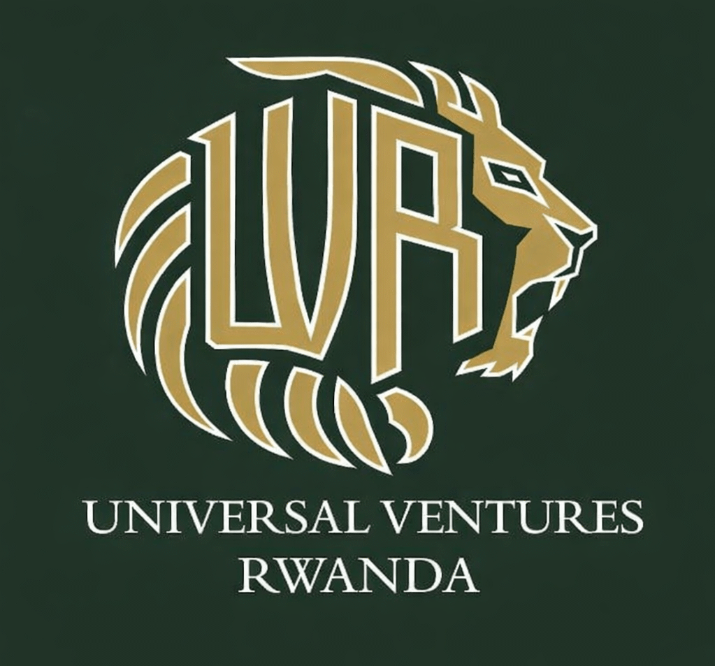 Rwanda Gorilla Trekking | Big Five Safaris | Rwanda Safaris. Logo for Universal Ventures Rwanda featuring a gold stylized antelope emblem and the company name on a dark green background.